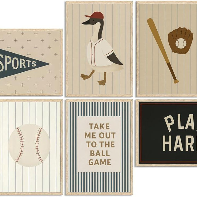 6Pcs Boys Sports Wall Art Baseball Kids Room Wall Picture Decor Vintage Nursery Poster Prints Retro Athletic Painting Artwork for School Kids Room Home Decoration 8x10in