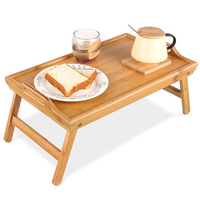 HOMFA Bamboo Breakfast Serving Tray with Handle, Foldable Bed Table, Laptop Desk, Pad Snack Book Drink Platter, Nature