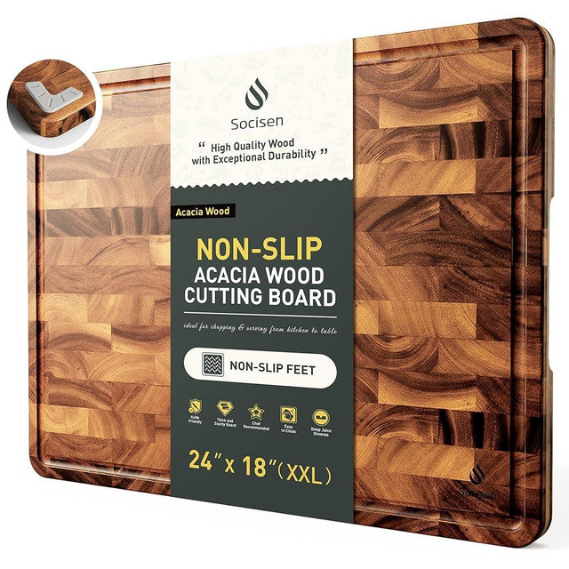 Extra Large End Grain Cutting Board for Kitchen with Non-slip Feet, Acacia Wood Heavy Duty Checkered Cutting Board with Juice Groove & Handle Handcrafted Luxury Chopping Board for Meat, Vegetables
