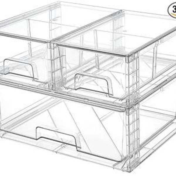 Vtopmart 3 Pack Stackable Storage Drawers, Easily Assemble Acrylic Bathroom Undersink Organizers,Clear Plastic Storage Bins for Closet,Cabinet,Pantry,Medicine Organization