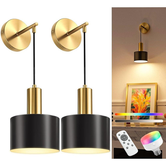 NIORSUN Battery Operated Wall Sconce Set of 2, Gold & Black Wireless Rechargeable Wall Lights with 5200mAh Dimmable Detachable Bulbs and Remote, 9 Colors Sconces Wall Decor for Bedroom Living Room