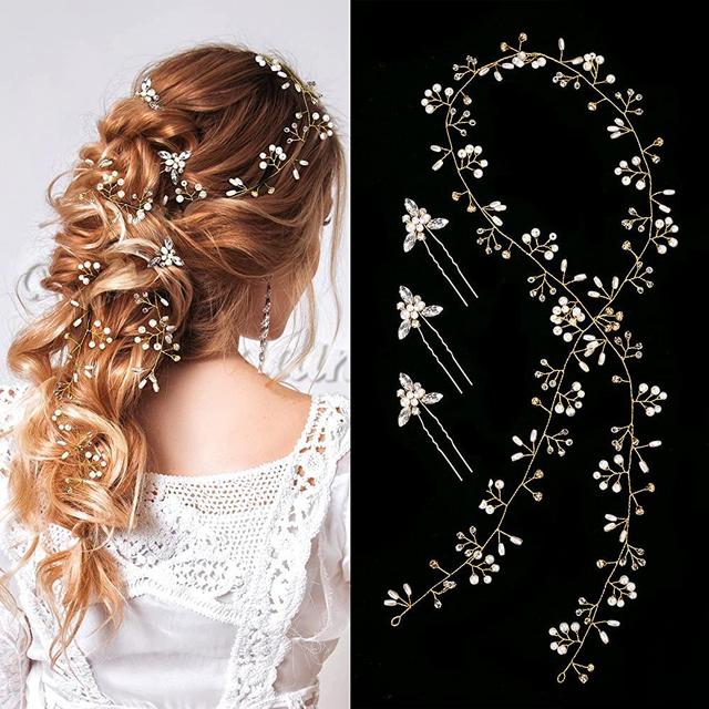 Bride Wedding Crystal Hair Vine Hair Accessories Extra Long Pearl and Crystal Beads Bridal Hair Vine Headband Head Pieces for Women and Girls (Gold)
