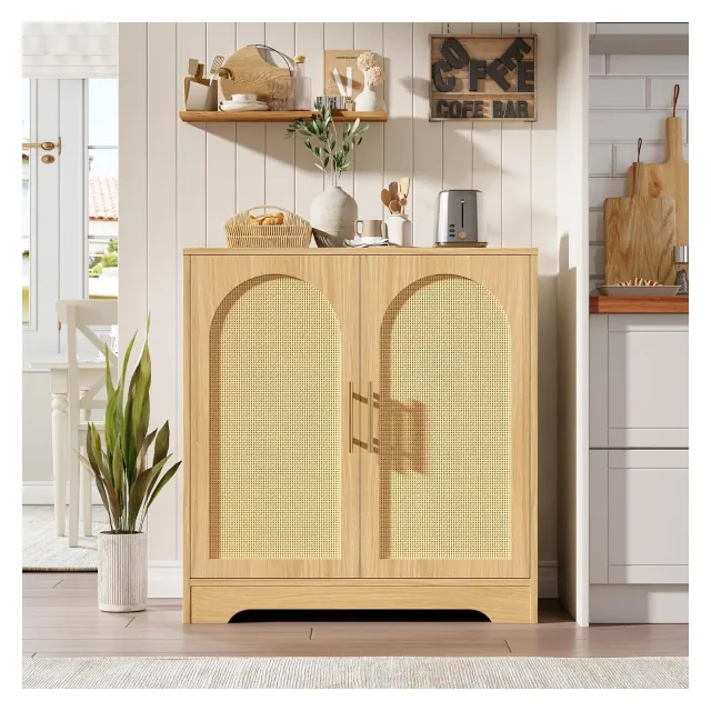 30'' Rattan Buffet Cabinet, Sideboard with 2 Doors & Shelves, Modern Accent Coffee Bar Table Cabinet, for Living Room, Kitchen, Dining, Natural