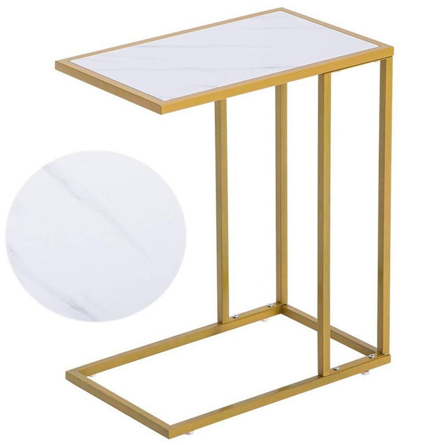 SoSo-BanTian1989 Reclaimed Wood Marble Look Finish Snack Side Table, C Shaped End Table for Sofa Couch Bed (White & Gold)