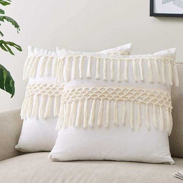 Boho Bohemian Macrame Tassel Ivory Square Accent Decorative Couch Throw Pillow Cover Case Off white cream beige cotton fringe knit luxury farmhouse textured rustic tufted woven tribal set of 2 18x18