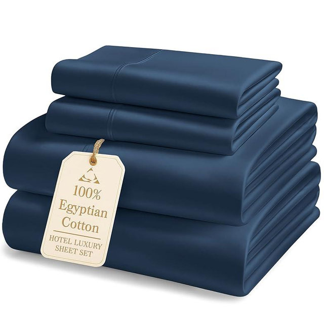 100% Egyptian Cotton Queen Bed Sheets Set - 1000 Thread Count Autthentic Long Staple Cotton Bed Sheets, Breathable Winter Comfort, Ultra-Soft Hotel Luxury Comfort with 15" Deep Pocket - Estate Blue