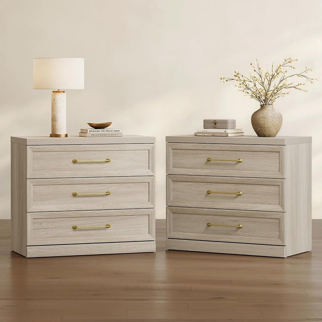 SICOTAS 30" Nightstand Set of 2, Wide Oversized Night Stand Set 2 for Bedroom, Modern Bedside Tables with 3 Drawers, Extra Large Side End Table for Sofa Couch, Grey White Oak