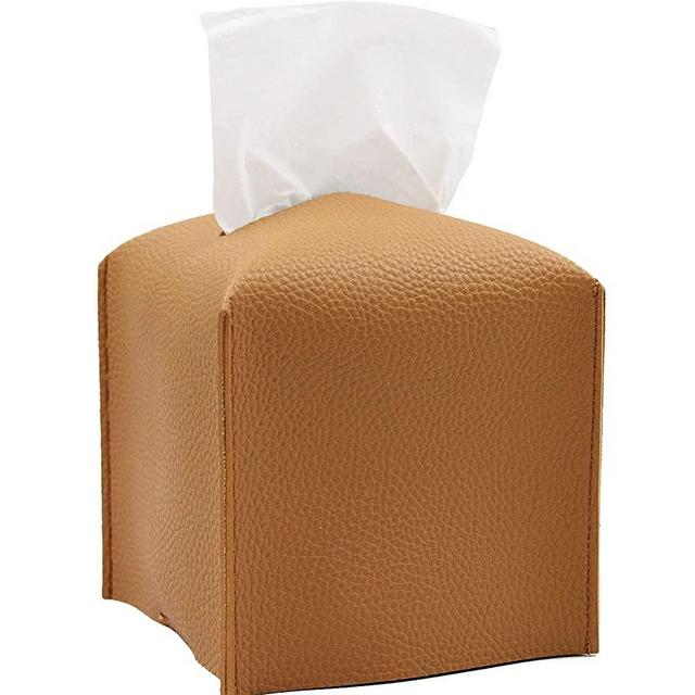 Livelab Tissue Box Cover Holder, Square Modern Decoration PU Leather Facial Tissues Case Roll Paper Dispenser for Bathroom Vanity Countertop, Night Stands, Office Desk Car 5X5X5'' | Camel