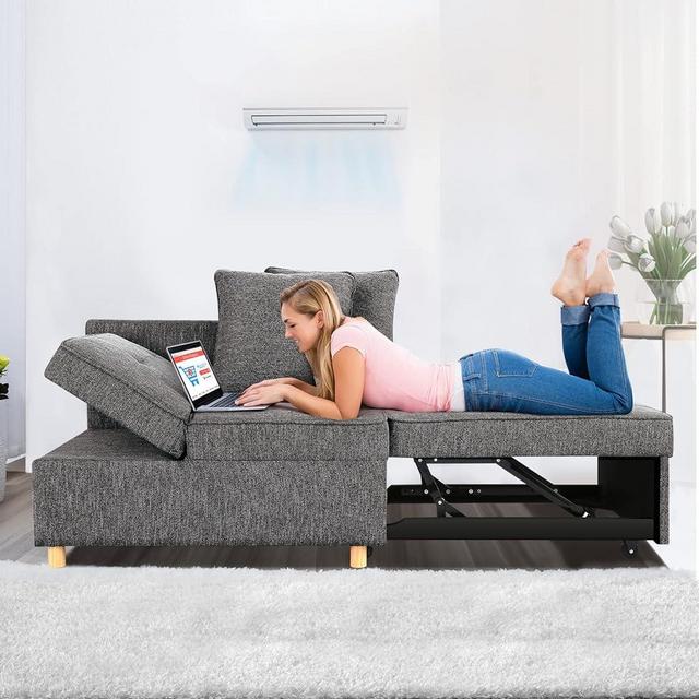 SEJOV Sofa Bed 4-in-1 Convertible Sofas & Couches, 3-Seat Linen Fabric loveseat Sofa with 2 Throw Pillow, Single Recliner for Small Space with 5 Adjustable Backrest, Dark Grey