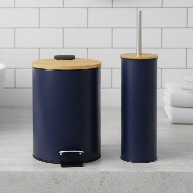 Evideco French Home Goods Navy Blue Bathroom Set with Bamboo Lid - Matte Metal Trash Can and Toilet Brush