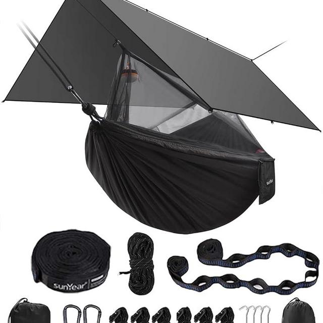 Sunyear Hammock Camping with Rain Fly Tarp and Net, Portable Camping Hammock Double Tree Hammock Outdoor Indoor Backpacking Travel & Survival, 2 Tree Straps,100% Waterproof