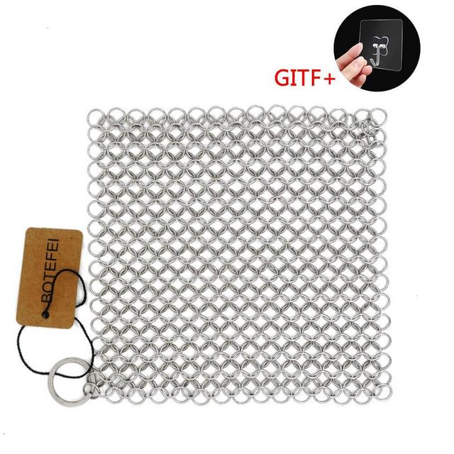 Cast Iron Cleaner 6" x 6.3" Premium 316L Stainless Steel Chainmail Scrubber for Skillet, Wok, Pot, Pan; Pre-Seasoned Pan Dutch Ovens Waffle Iron Pans Scraper Cast
