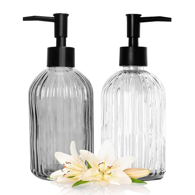 Ulable Black & Clear Glass Soap Dispenser with Plastic Pump, 13.5oz Vertical Stripe Design Hand Soap Dispenser for Dish Wash, Refillable Lotion Dispenser for Bathroom and Kitchen
