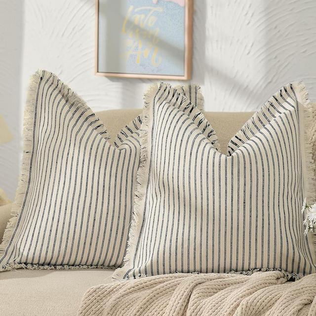ZWJD Throw Pillow Covers 18x18Set of 2 Striped Pillow Covers with Fringe Chic Cotton Decorative Pillows Square Cushion Covers for Sofa Couch Bed Living Room Farmhouse Decor