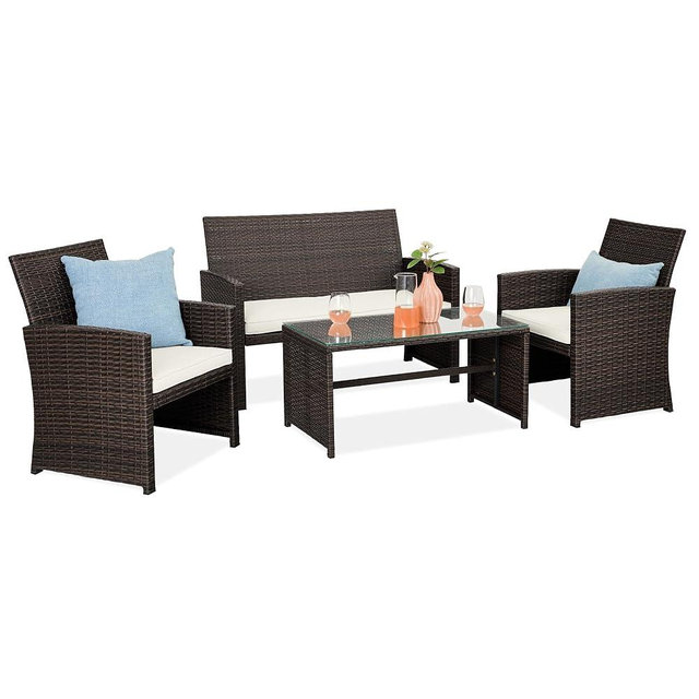 Best Choice Products 4-Piece Outdoor Wicker Patio Conversation Furniture Set for Backyard w/Coffee Table, Seat Cushions - Brown/White Sand