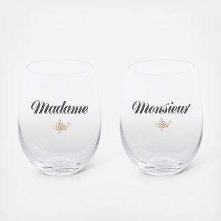 Madame & Monsieur Stemless Wine Glass, Set of 2