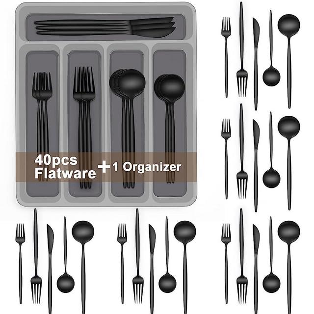 Black Silverware Set, 40-Piece AIVIKI Flatware Set with Organizer Tray, Stainless Steel Cutlery Set for 8, Kitchen Black Utensils Tableware Set for Home Restaurant, Include Knife Fork Spoon Set