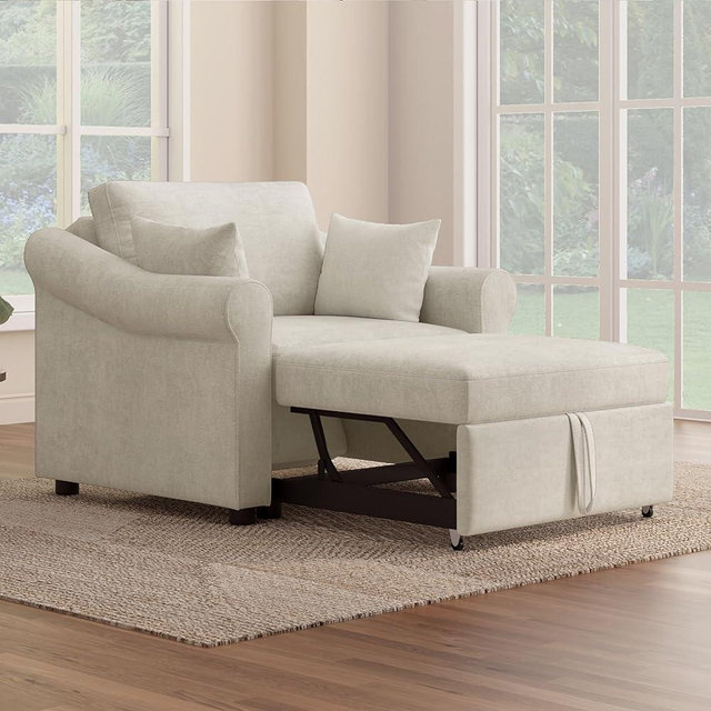LUMISOL 3 in 1 Convertible Sleeper Chair, Pull Out Sofa Bed With Adjustable Backrest, 2 Throw Pillows, Chenille Single Sleeper for Living Room, Small Space, Beige
