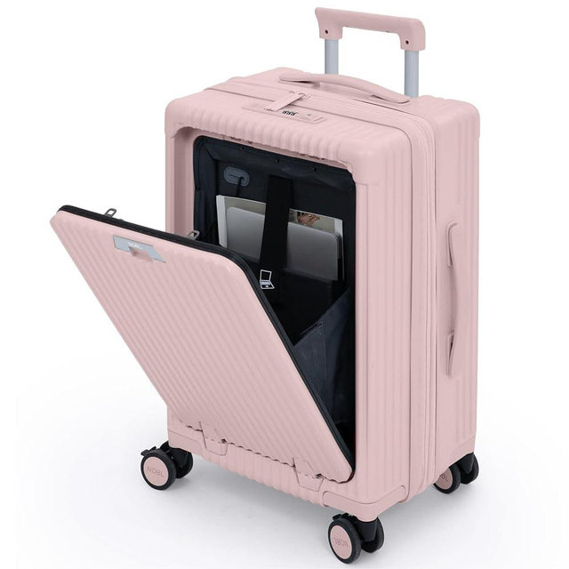 Nobl Travel Carry On Expandable Luggage, Noble Aluminum Frame PC Hard Shell Suitcase, 22.5”x14.2”x9.8” Airline Approved, 360° Spinner Wheels, TSA Locks, USB Charging, Cup & Phone Holder - Blush
