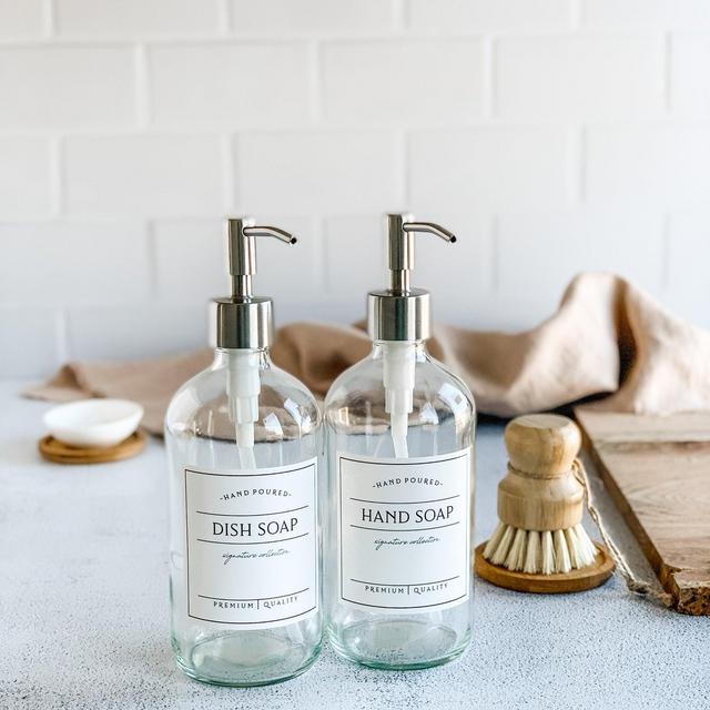 16oz Glass Dish Soap and Hand Soap Set, Soap Bottles With Waterproof Label, Refillable Soap Dispenser - Soap Bottle With Metal Pump
