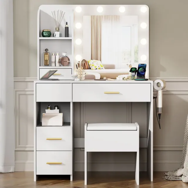 35" White Vanity Desk with LED Lighted Mirror, 3 Lighting Colors Makeup Vanity Desk with 5 Large Drawers and 3 Storage Shelves