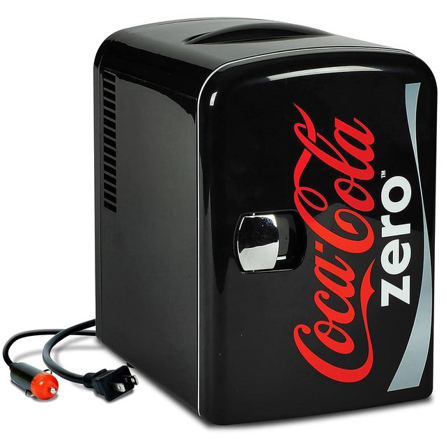 Koolatron Coke Zero Mini Fridge - Refrigerator for Bedroom Skincare Office, Portable Table Top Beverage Cooler, 12V 110V Refrigerador For Drinks, Soda, Wine, Use In Car, Dorm, Outdoor, Patio, 6 Can