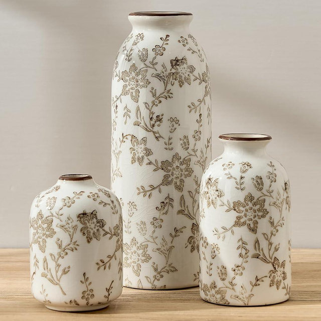 Ceramic Flower Decorative Antique Vase Set of 3, Vintage Rustic Chinoiserie Floral Vase for Home Decor, Living Room, Bookshelf, Office, Entryway, Garden, Chinoiserie Decor, Tuscan Decor
