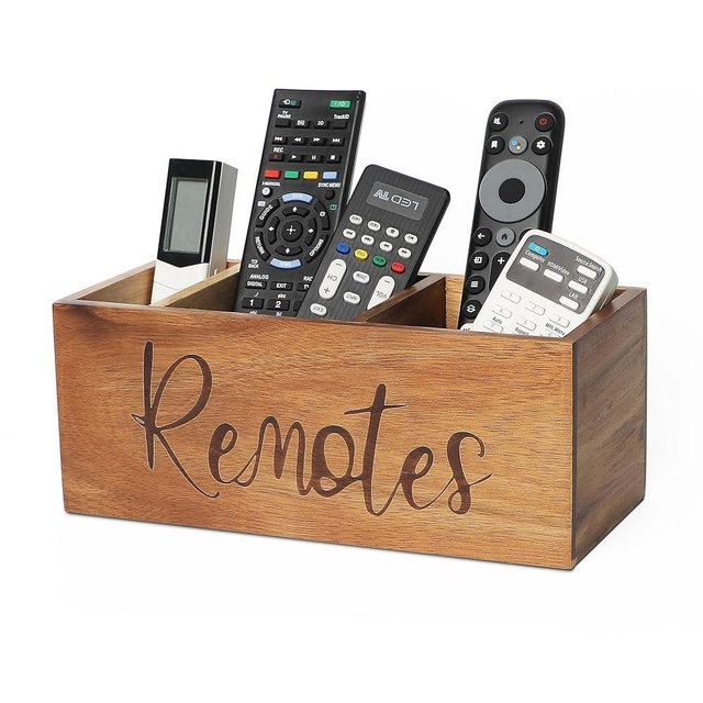 LBEMEY Remote Control Holder Caddy, Acacia Wood TV Remote Holder, Remote Organizer for Table, Vintage Farmhouse Desk Caddy (Brown-for 5+ Remote Controls)