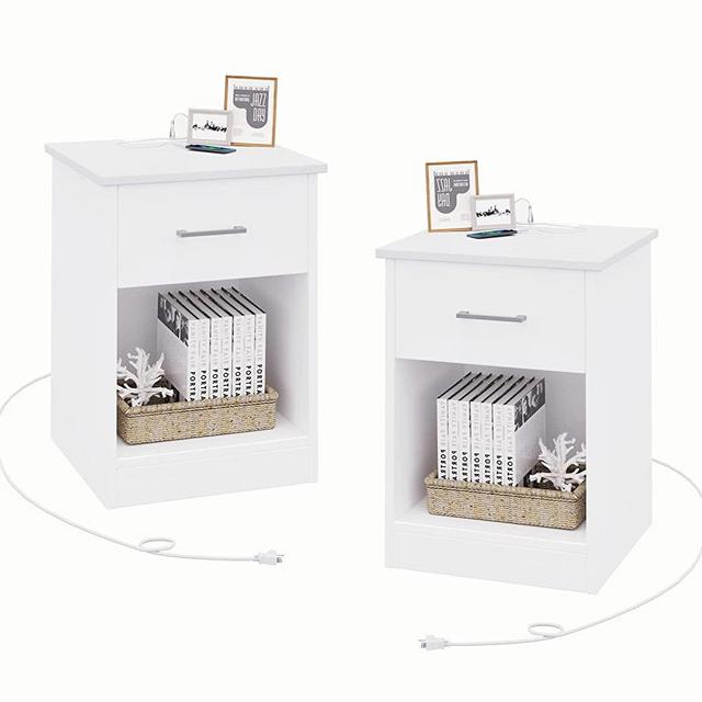 Reettic Set of 2 End Table with Charging Station and USB Ports & Power Outlets, Wooden End Table with Drawer and Opening Shelf, Side Table, White RCTG101WE02