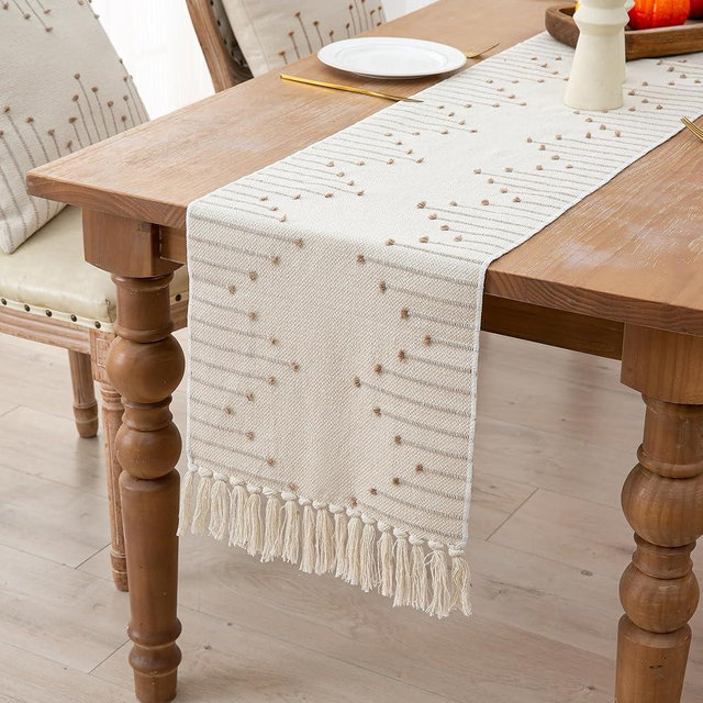 Zkanac Table Runner 48 Inches Long, Boho Style with Handmade Tassels, 70% Cotton & 30% Linen, Modern Farmhouse Home Decor for Living Room (Beige Taupe, 12x48 Inch)