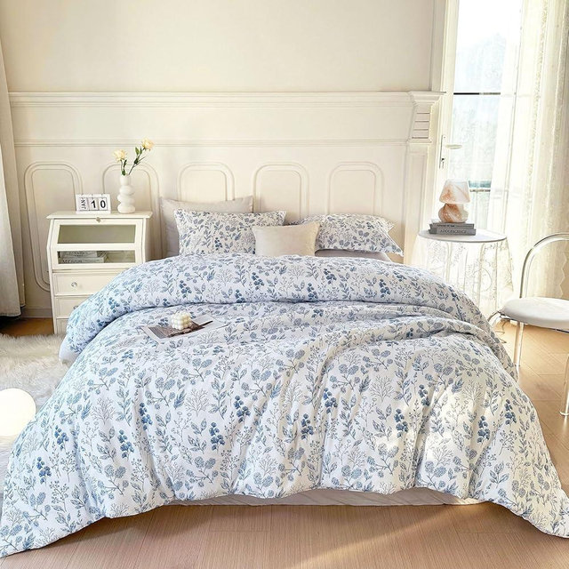 EAVD Blue Floral Comforter Set Full White Soft Microfiber Reversible Floral Bedding Set for Girls and 2 Pillowcases Vintage Garden Botanical Bedding Full Size Comforter Set for All-Season