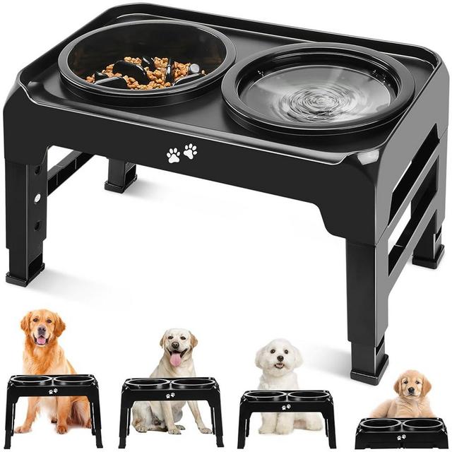 2-in-1 Elevated Dog Bowls Slow Feeder for Large Breed Medium Sized Dogs with No Spill Dog Water Bowl, 4 Height Adjustable Raised Dog Bowl Stand for Food and Water, Non-Slip Dog Feeder, Black