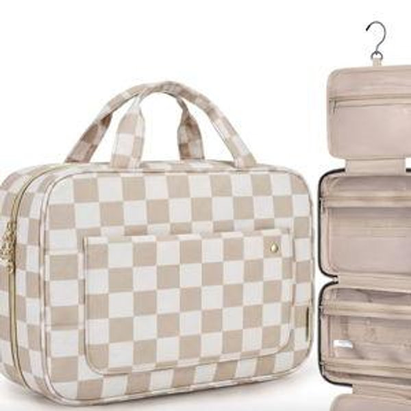 BAGSMART Large Khaki Checkerboard Toiletry Bag Travel Bag with Hanging Hook, Water-resistant Makeup Cosmetic Bag Travel Organizer for Accessories, Shampoo, Full Sized Container, Toiletries