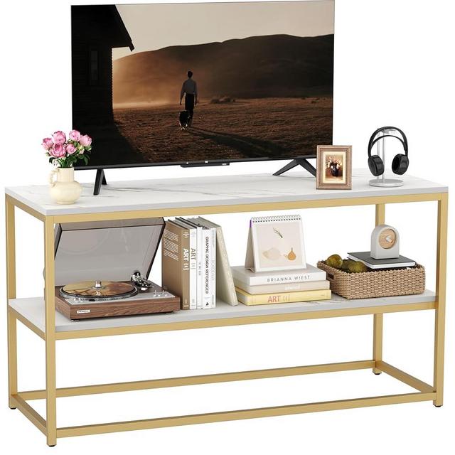 Function Home TV Stand for TVs up to 50 Inch, 3 Tier Entertainment Center, Modern TV Cabinet with Marble Top and Gold Metal Base, 42" Media Console Table with Storage for Living Room Bedroom