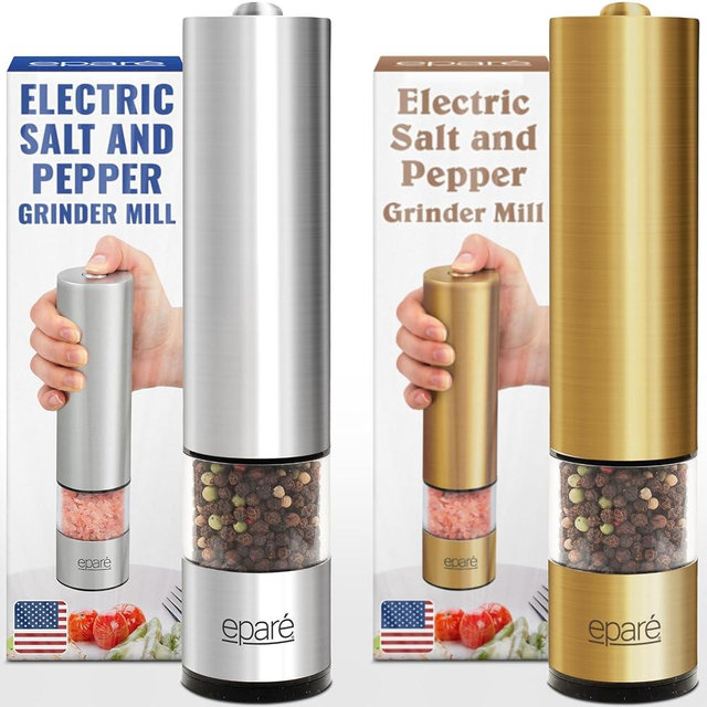 Eparé Bundle: Salt and Pepper Grinder & Copper Salt or Pepper Grinder - Battery Operated Ceramic Burr Peppermill - Stainless Steel - Powerful Mill With LED Light