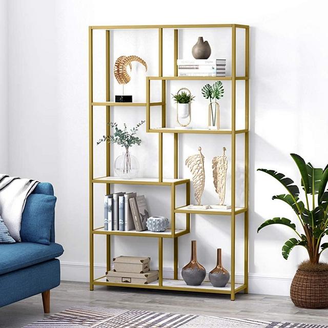 Tribesigns Bookshelf Bookcase, Gold 8-Open Shelf Etagere Bookcase with Faux Marble, Modern Book Shelves Display Shelf Storage Organizer for Home Office