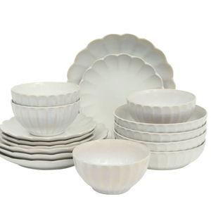 Gibson Elite Malibu Shore 16-Piece Scalloped Stoneware Reactive Glaze (Service for 4) Ceramic Plates and Bowls Dinnerware Set - Color: Shiny Cream White