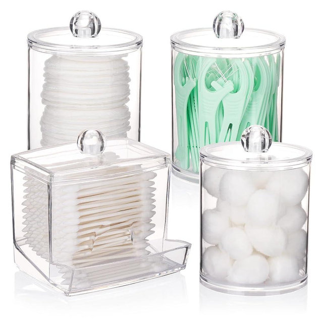 Tbestmax 4 Pack Qtips Dispenser Bathroom Container, 10/12 oz Big Cotton Ball Holder, Clear Plastic Apothecary Jar Organizer for Storage Cotton Swab, Cotton Round Pads, Floss Picks