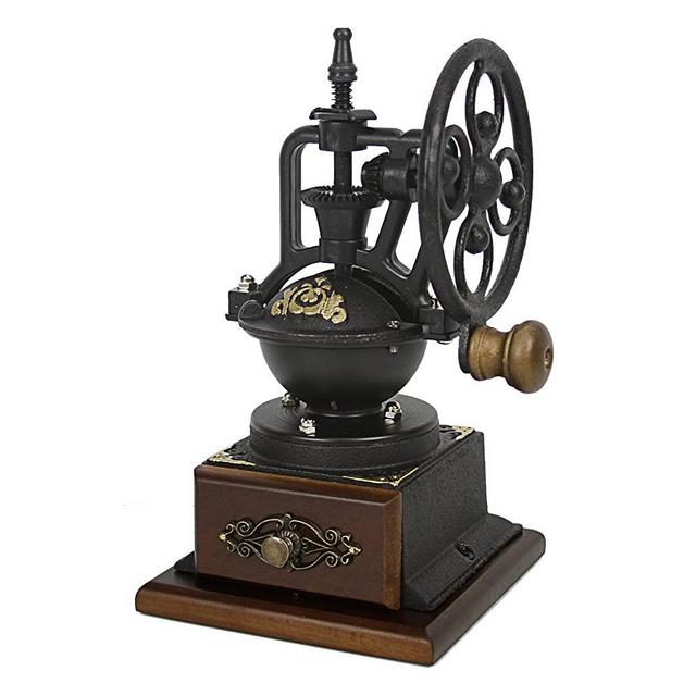 Evelyne Burr Manual Cast Iron Coffee Grinder Coffee Bean Mill Vintage Antique Style Windmill Wheel Hand Crank Wooden Drawer