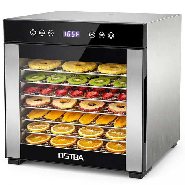 OSTBA Food Dehydrator, 8 Stainless Steel Trays, 95–165℉ Adjustable Temperature, 48h Digital Timer, Double-Layer Food Dryer for Fruit, Vegetable, Jerky, Herb, 650W Home & Commercial Use
