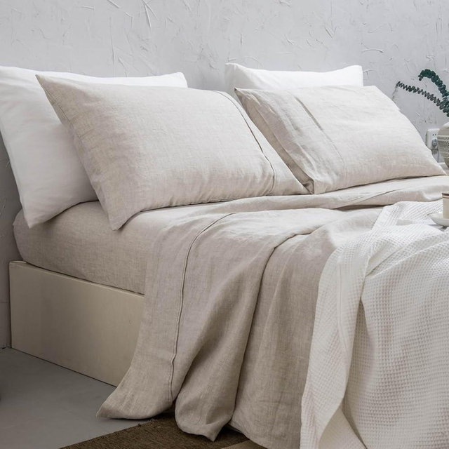 meadow park 100% Washed French Linen Sheet Set-King Size-Natural Linen-4 Pieces (1 Flat Sheet, 1 Fitted Sheet & 2 Pillowcases), 16" Deep Pocket, Breathable,Ultra Soft and Durable