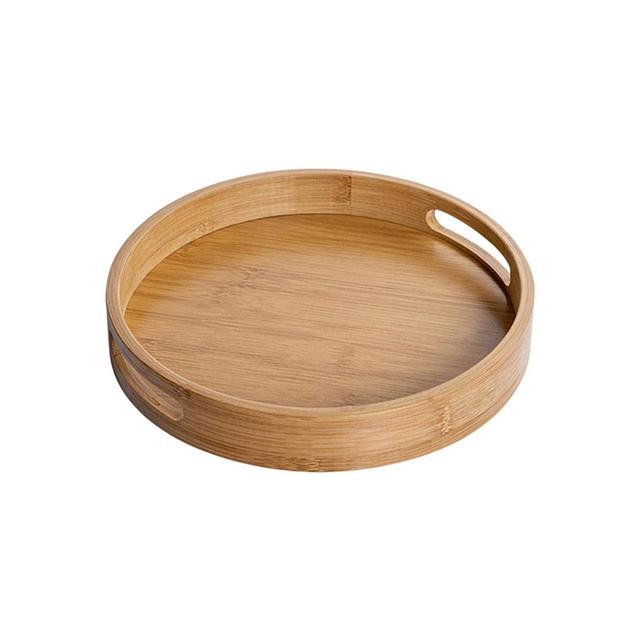 Bamboo Wood Round Tray w/ Handles, Tea Coffee Table Decorative Serving Tray Food Storage Platters for Serving Beverages Food on Bar Living Room Home Dining Table(Type A - 25x25x5cm)
