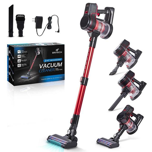 Britech Cordless Lightweight Stick Vacuum Cleaner, 250W Motor for Powerful Suction 30min Runtime, LED Display Screen & Headlights, Great for Carpet Cleaner, Hardwood Floor & Pet Hair (Red)