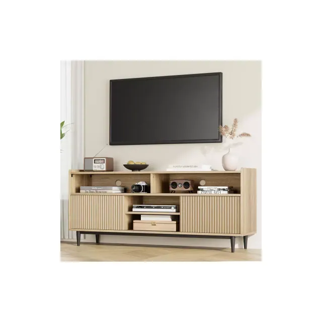 Fluted TV Stand for 70 inch, Modern Entertainment Center with Storage and Sliding Doors, Wood Media Console Furniture for Living Room, Natural