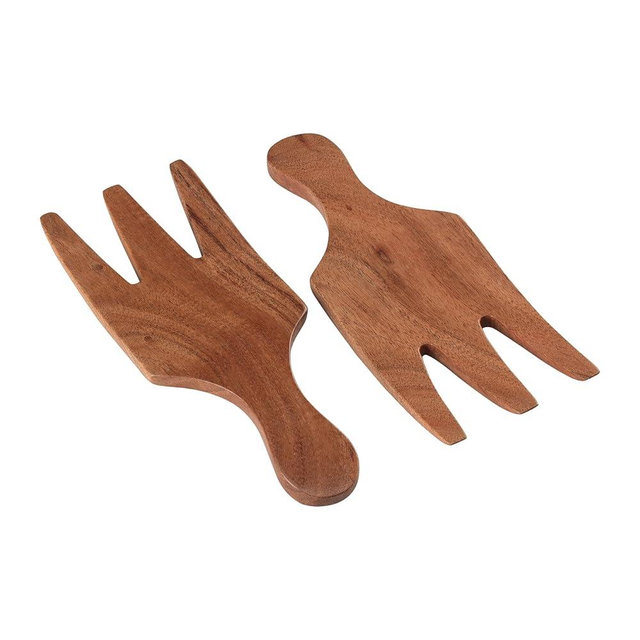 Folkulture Salad Hands or Set of 2 Acacia Wood Salad Servers, Salad Tongs Set, Salad Claws, Salad Fingers for Serving Salad Mixes, Pasta, Fruit 3.25 X 8.25 Inch (Natural)