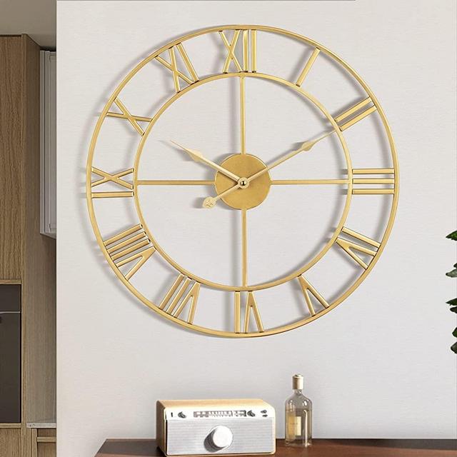 Large Wall Clock, Metal Retro Roman Numeral Clock, Modern Round Wall Clocks Almost Silent , Easy to Read for Living Room/Home/Kitchen/Bedroom/Office/School Decor (Gold, 18 Inch)