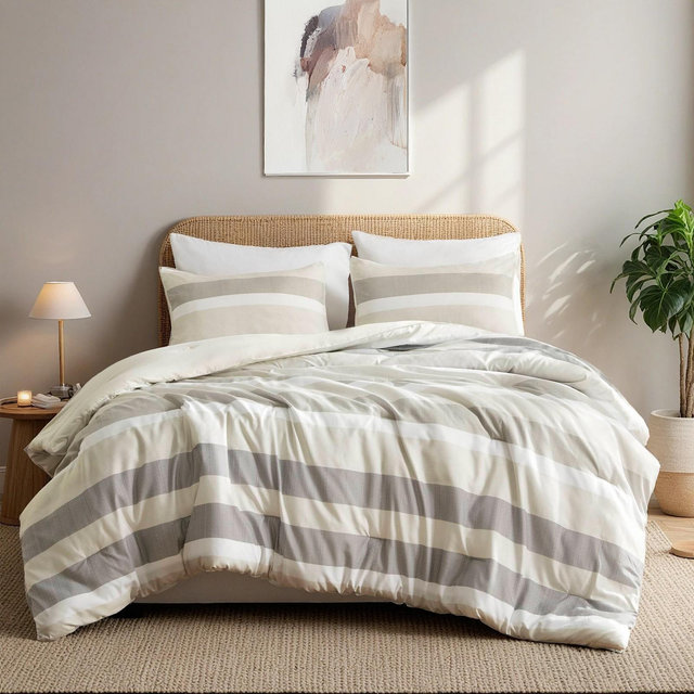 3Pcs Stripe Print Comforter Sets, Contemporary Style Lightweight Fluffy Bedding, Premium Textile Bed Set with Matching Shams, Neutral, Full/Queen
