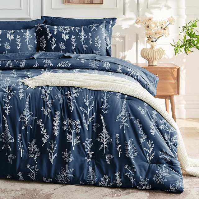 MUXHOMO Navy Blue King Comforter Set, Elegant Floral Print Bed in a Bag 7 Pieces, Ultra Soft & Breathable Reversible Botanical Pattern Bedding Set with Comforter, Sheets, Pillowcases, and Shams