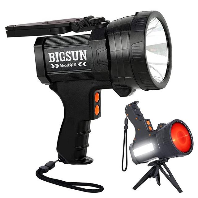 BIGSUN Rechargeable Spotlight, LED Flashlight High Lumens 100000 Candlepower, 10800mAh Power Bank, With Red Lens, Side Floodlamp & Red Blue Warning Lamp for Fathers Day Gifts, Home Security, Camping