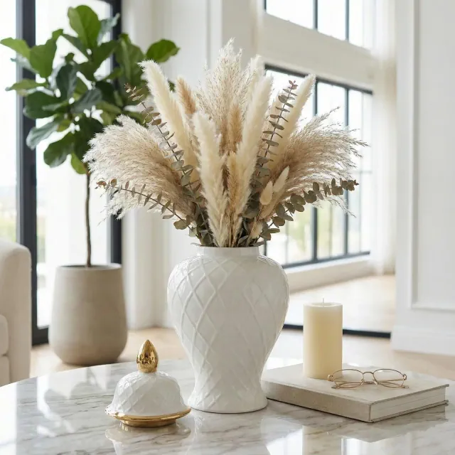 Decorative Ceramic Temple Jar with Lid for Living Room Decor - Modern Home Decor Accent for Bedroom, House, and Office Space - 20", White & Gold